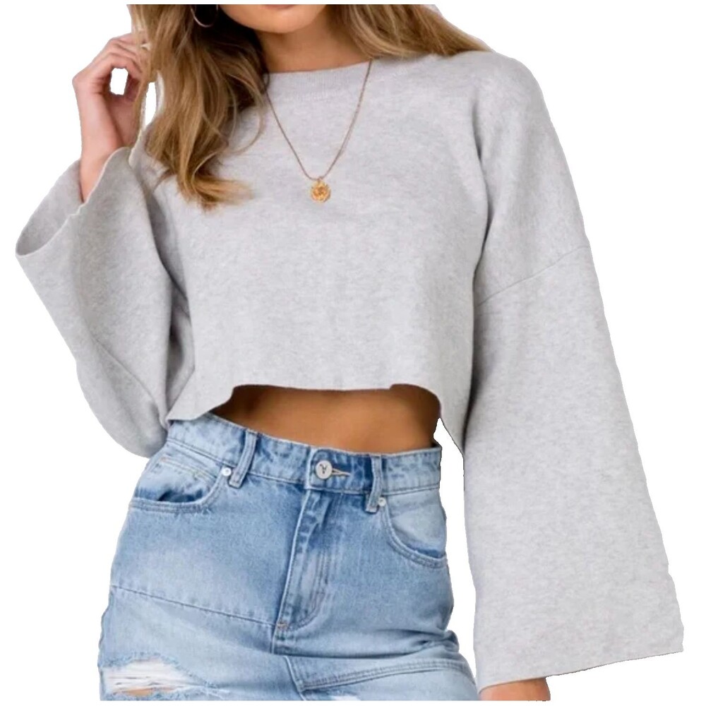 Princess Polly Crop Bell Sleeves Sweater Womens XS Gray Girl Soldier Relaxed